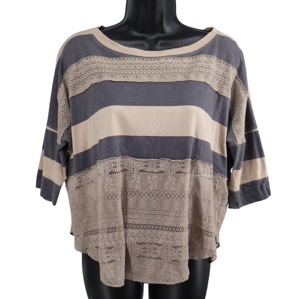 We The Free Free People Lace Stripe Oversized Top S Gray Boho Slouchy Crochet